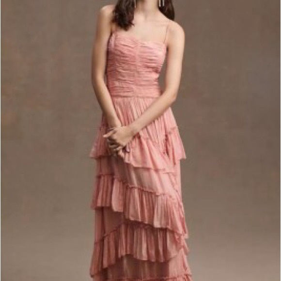 Anthropologie x BHLDN Jessa Asymmetrical Ruffled Metallic Drop Waist Gown 0 - Picture 4 of 15